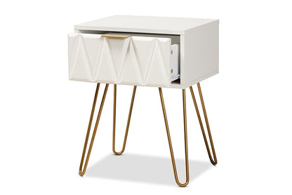 Baxton Studio Holbrook Contemporary Glam and Luxe White Finished Wood and Gold Metal 1-Drawer End Table