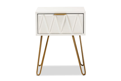 Baxton Studio Holbrook Contemporary Glam and Luxe White Finished Wood and Gold Metal 1-Drawer End Table