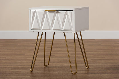 Baxton Studio Holbrook Contemporary Glam and Luxe White Finished Wood and Gold Metal 1-Drawer End Table