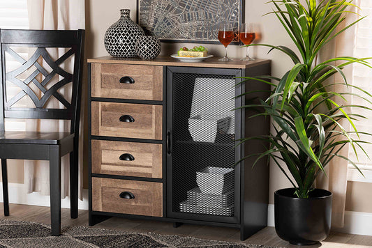 Baxton Studio Connell Modern and Contemporary Industrial Two-Tone Natural Brown and Black Finished Wood and Black Metal Sideboard Buffet