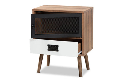 Baxton Studio Hubbard Mid-Century Modern Two-Tone Natural Brown and White Finished Wood and Black Metal 1-Drawer Nightstand