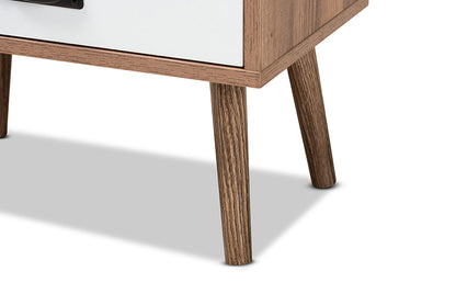 Baxton Studio Hubbard Mid-Century Modern Two-Tone Natural Brown and White Finished Wood and Black Metal 1-Drawer Nightstand