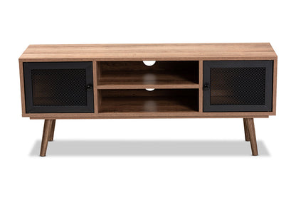 Baxton Studio Yuna Mid-Century Modern Transitional Natural Brown Finished Wood and Black Metal 2-Door TV Stand