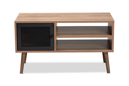 Baxton Studio Yuna Mid-Century Modern Transitional Natural Brown Finished Wood and Black Metal 1-Door Coffee Table