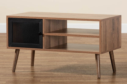 Baxton Studio Yuna Mid-Century Modern Transitional Natural Brown Finished Wood and Black Metal 1-Door Coffee Table