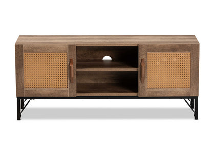 Baxton Studio Veanna Bohemian Natural Brown Finished Wood and Black Metal 2-Door TV Stand with Synthetic Rattan