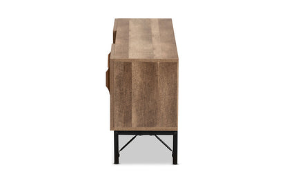 Baxton Studio Veanna Bohemian Natural Brown Finished Wood and Black Metal 2-Door TV Stand with Synthetic Rattan