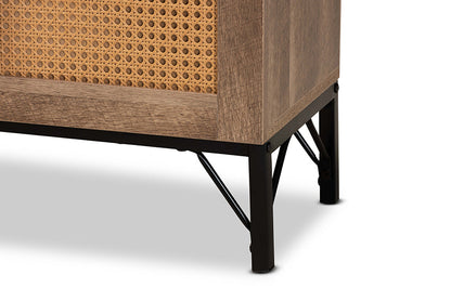 Baxton Studio Veanna Bohemian Natural Brown Finished Wood and Black Metal 2-Door TV Stand with Synthetic Rattan