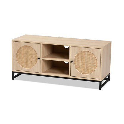 Baxton Studio Ardon Bohemian Light Brown Finished Wood and Black Metal 2-Door TV Stand with Natural Rattan