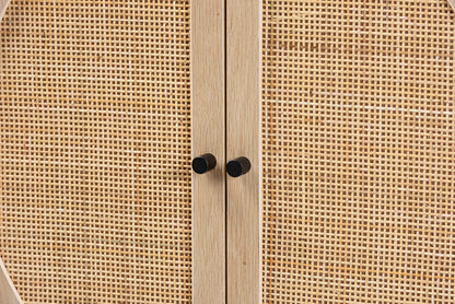 Baxton Studio Ardon Bohemian Light Brown Finished Wood and Black Metal 2-Door Storage Cabinet with Natural Rattan