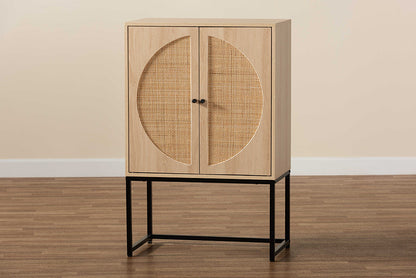 Baxton Studio Ardon Bohemian Light Brown Finished Wood and Black Metal 2-Door Storage Cabinet with Natural Rattan