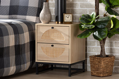 Baxton Studio Ardon Bohemian Light Brown Finished Wood and Black Metal 1-Drawer Nightstand with Natural Rattan