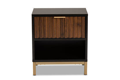 Baxton Studio Uriel Mid-Century Modern Transitional Two-Tone Natural Brown and Black Finished Wood and Brushed Gold Metal 1-Drawer Nightstand