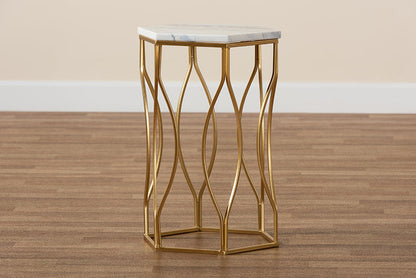 Baxton Studio Kalena Modern and Contemporary Gold Metal End Table with Marble Tabletop
