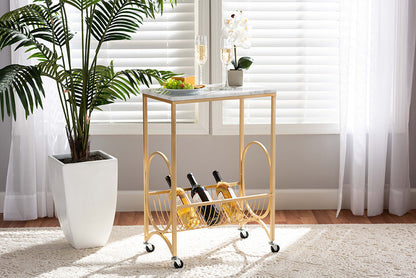 Baxton Studio Jacek Modern and Contemporary Gold Finished Metal Wine Cart with Marble Tabletop