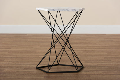 Baxton Studio Oberon Modern and Contemporary Black Finished Metal End Table with Faux Marble Tabletop