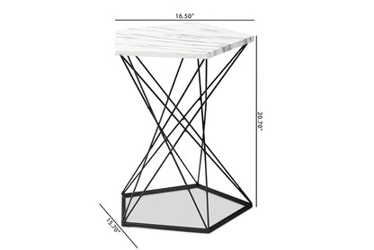 Baxton Studio Oberon Modern and Contemporary Black Finished Metal End Table with Faux Marble Tabletop