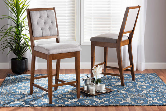 Baxton Studio Gideon Modern and Contemporary Grey Fabric Upholstered and Walnut Brown Finished Wood 2-Piece Counter Stool Set