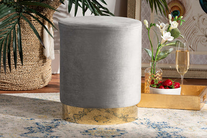 Baxton Studio Chaela Contemporary Glam and Luxe Grey Velvet Fabric Upholstered and Gold Finished Metal Ottoman