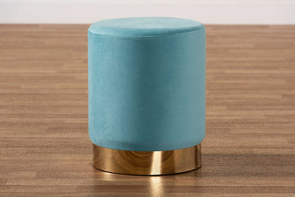 Baxton Studio Chaela Contemporary Glam and Luxe Sky Blue Velvet Fabric Upholstered and Gold Finished Metal Ottoman
