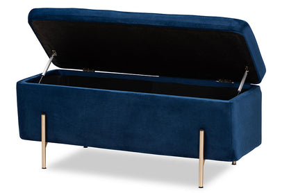 Baxton Studio Rockwell Contemporary Glam and Luxe Navy Blue Velvet Fabric Upholstered and Gold Finished Metal Storage Bench