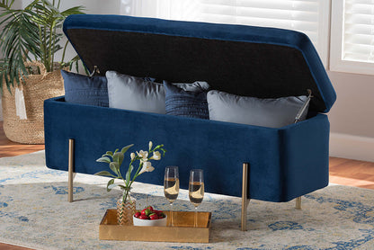Baxton Studio Rockwell Contemporary Glam and Luxe Navy Blue Velvet Fabric Upholstered and Gold Finished Metal Storage Bench