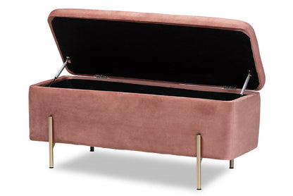 Baxton Studio Rockwell Contemporary Glam and Luxe Blush Pink Velvet Fabric Upholstered and Gold Finished Metal Storage Bench