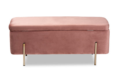Baxton Studio Rockwell Contemporary Glam and Luxe Blush Pink Velvet Fabric Upholstered and Gold Finished Metal Storage Bench