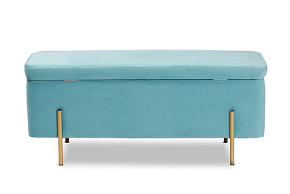 Baxton Studio Rockwell Contemporary Glam and Luxe Sky Blue Velvet Fabric Upholstered and Gold Finished Metal Storage Bench