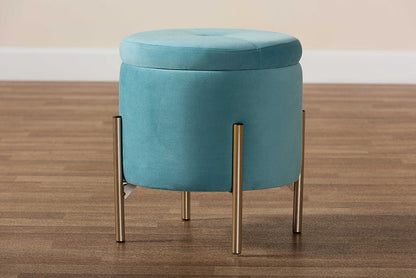 Baxton Studio Malina Contemporary Glam and Luxe Sky Blue Velvet Fabric Upholstered and Gold Finished Metal Storage Ottoman