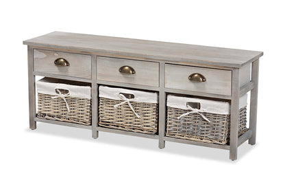 Baxton Studio Mabyn Modern and Contemporary Light Grey Finished Wood 3-Drawer Storage Bench with Baskets