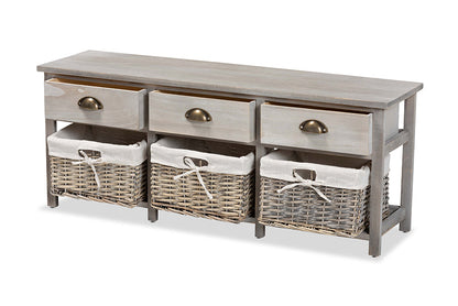 Baxton Studio Mabyn Modern and Contemporary Light Grey Finished Wood 3-Drawer Storage Bench with Baskets
