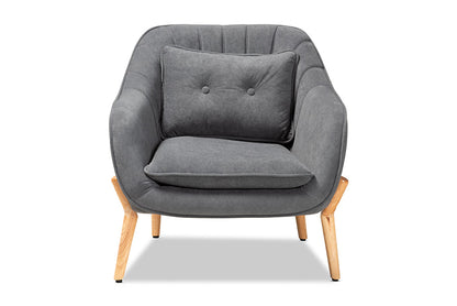 Baxton Studio Valentina Mid-Century Modern Transitional Grey Velvet Fabric Upholstered and Natural Wood Finished Armchair
