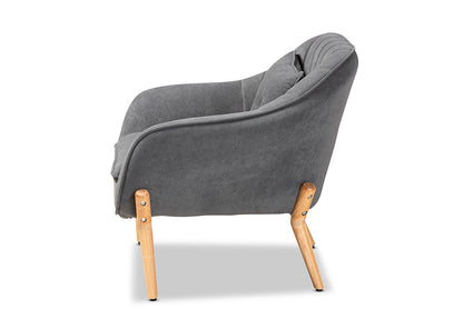 Baxton Studio Valentina Mid-Century Modern Transitional Grey Velvet Fabric Upholstered and Natural Wood Finished Armchair