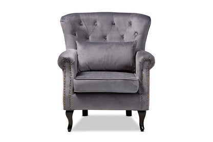 Baxton Studio Fletcher Classic and Traditional Grey Velvet Fabric Upholstered and Dark Brown Finished Wood Armchair