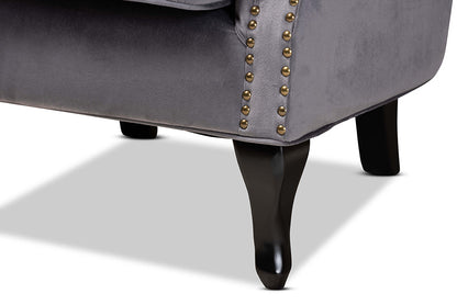Baxton Studio Fletcher Classic and Traditional Grey Velvet Fabric Upholstered and Dark Brown Finished Wood Armchair