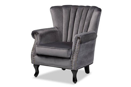Baxton Studio Relena Classic and Traditional Grey Velvet Fabric Upholstered and Dark Brown Finished Wood Armchair
