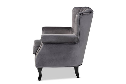 Baxton Studio Relena Classic and Traditional Grey Velvet Fabric Upholstered and Dark Brown Finished Wood Armchair