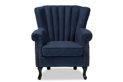 Baxton Studio Relena Classic and Traditional Navy Blue Velvet Fabric Upholstered and Dark Brown Finished Wood Armchair
