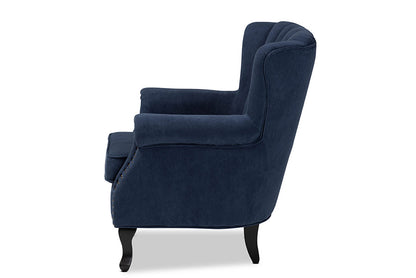 Baxton Studio Relena Classic and Traditional Navy Blue Velvet Fabric Upholstered and Dark Brown Finished Wood Armchair