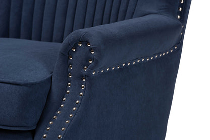 Baxton Studio Wilhelm Classic and Traditional Navy Blue Velvet Fabric Upholstered and Dark Brown Finished Wood Armchair