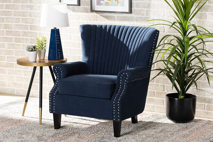 Baxton Studio Wilhelm Classic and Traditional Navy Blue Velvet Fabric Upholstered and Dark Brown Finished Wood Armchair