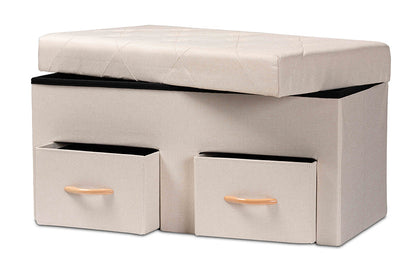 Baxton Studio Gerwin Modern and Contemporary Beige Fabric Upholstered and Oak Brown Finished Wood 2-Drawer Storage Ottoman