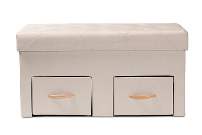 Baxton Studio Gerwin Modern and Contemporary Beige Fabric Upholstered and Oak Brown Finished Wood 2-Drawer Storage Ottoman