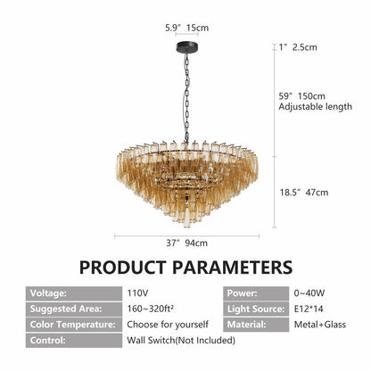 Tiered Smoke Glass Chandelier | 14-Light Round or 12-Light Rectangular, Brushed Black or Gold Metal Frame — 37" or 54", Dimmable