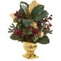 20" Magnolia Leaf & Holly Berry Artificial Arrangement in Gold Urn