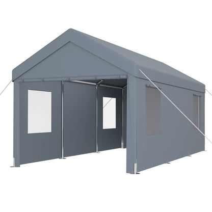 10×20 FT Portable Carport Garage | Heavy-Duty Galvanized Steel Frame with 2 Roll-Up Doors & 4 Ventilated Windows — White / Grey