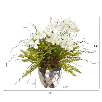 25" Phalaenopsis Orchid, Succulent and Fern Artificial Arrangement in Silver Vase
