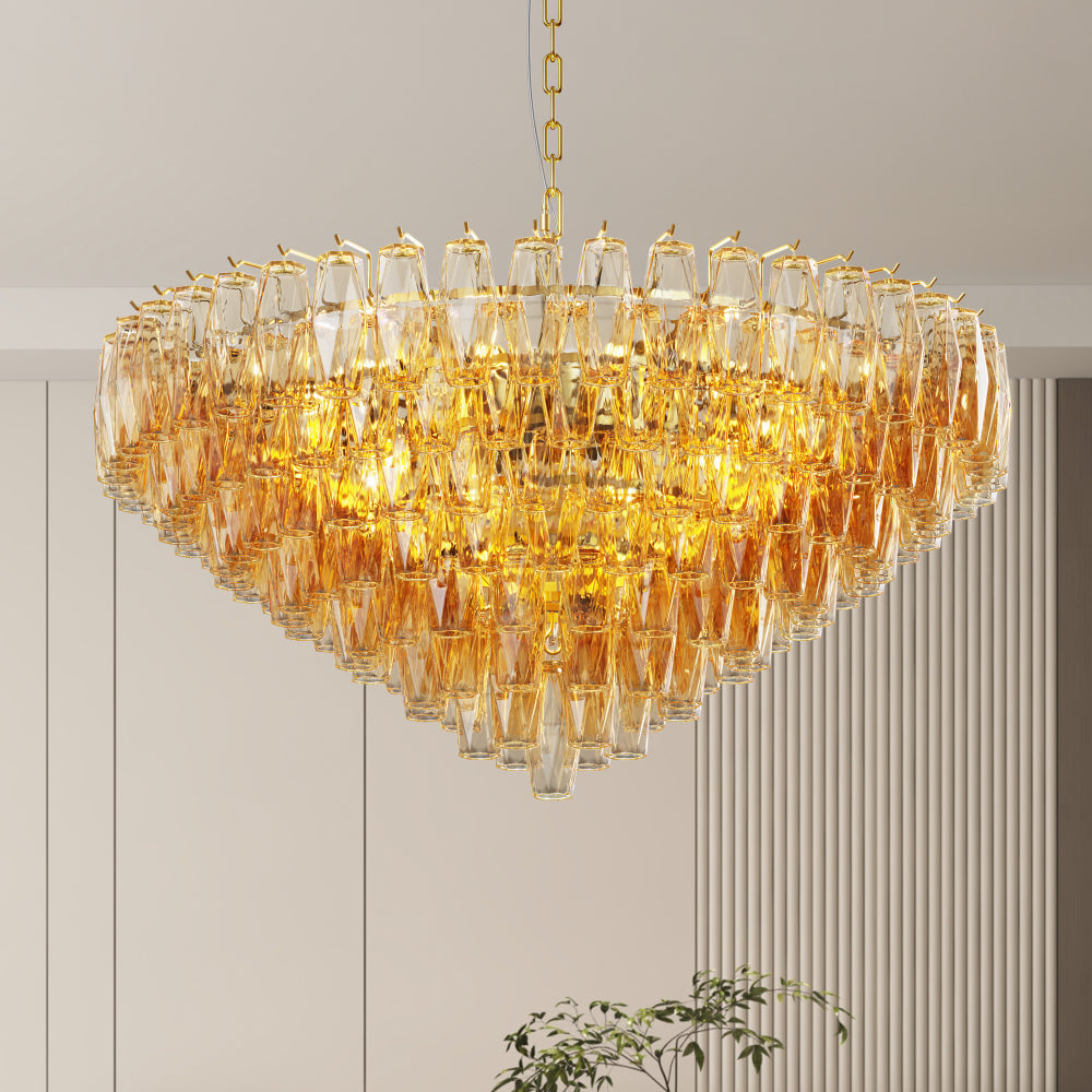 Tiered Smoke Glass Chandelier | 14-Light Round or 12-Light Rectangular, Brushed Black or Gold Metal Frame — 37" or 54", Dimmable