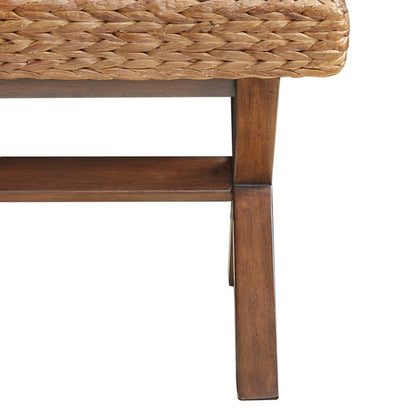 Woven Water Hyacinth Bench | Chestnut Mahogany Legs, 400 lb Capacity